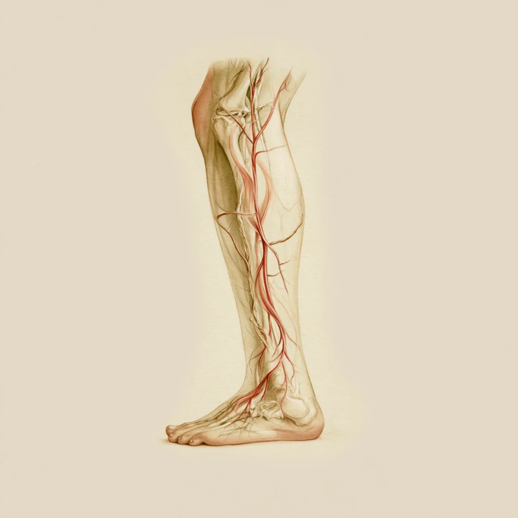 다리의 표재정맥과 심부정맥 경로를 보여주는 해부 일러스트
