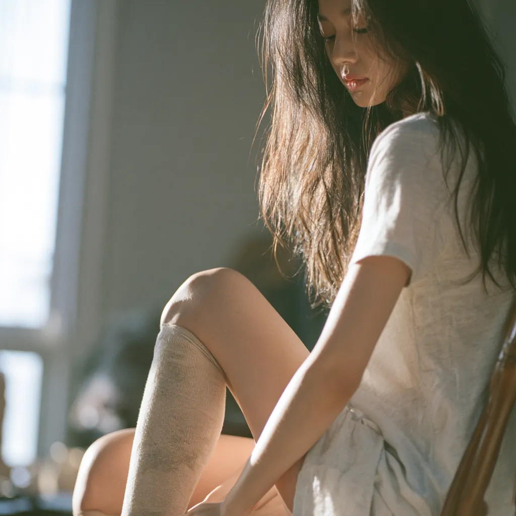 아침 햇살이 비치는 창가 옆 의자에 앉아 종아리 길이의 의료용 압박스타킹을 신기 위해 차분하게 정돈하는 일상적인 장면의 일러스트