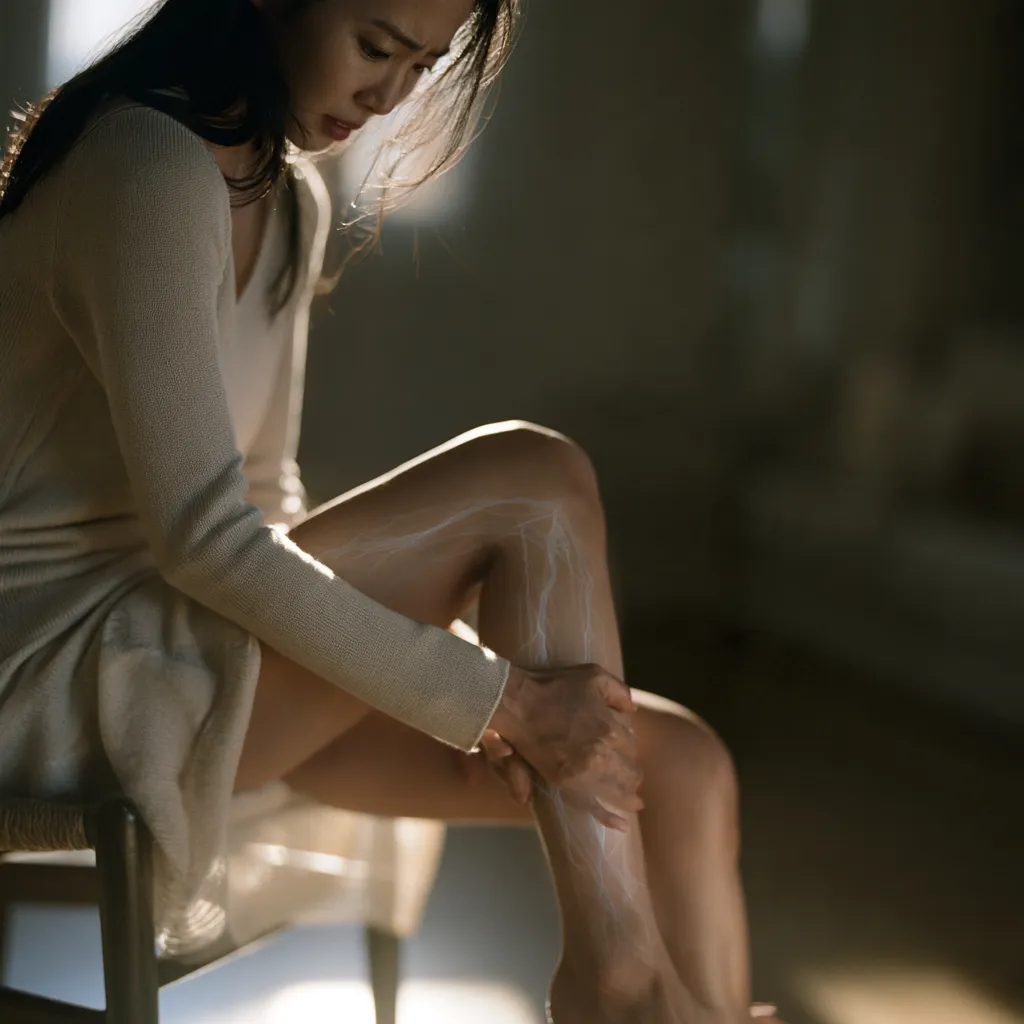 심부정맥혈전증과 하지정맥류를 우려하여 저녁 무렵 의자에 앉아 다리 상태를 살피는 모습과 정맥 구조를 시각화한 일러스트