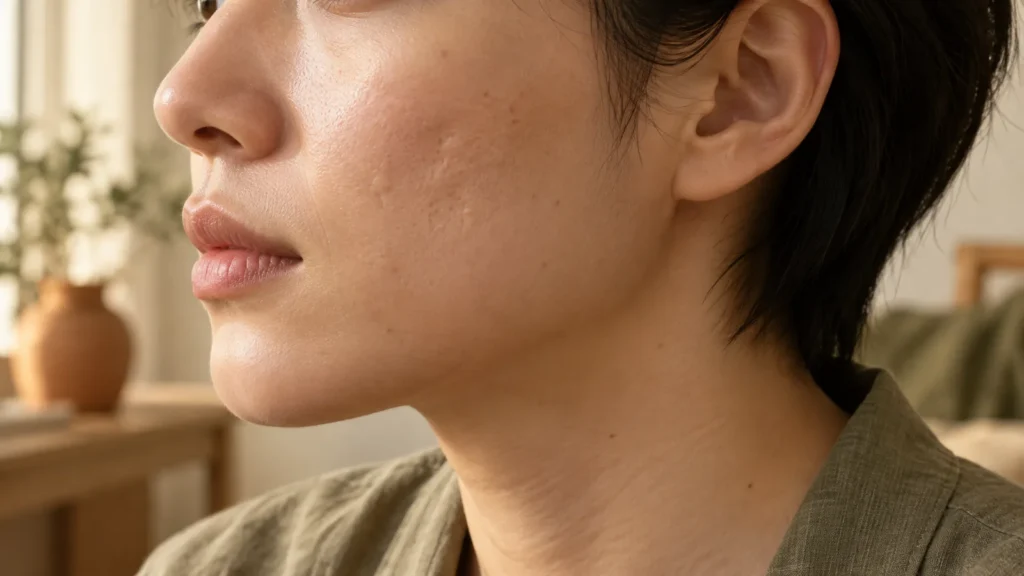 옆에서 들어오는 자연광에 볼의 얕게 패인 여드름 흉터가 드러난 옆얼굴
