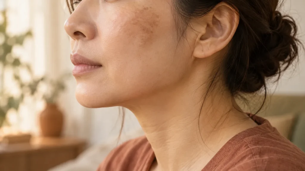 창가 자연광 아래 광대 위에 옅은 갈색 기미가 보이는 여성의 옆얼굴